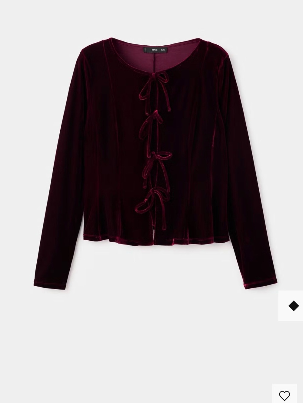 Mango Velvet Tie-Front Long Sleeve Top - Deep Wine
